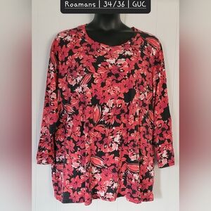 Roaman's Red and Black Floral Long Sleeve Top